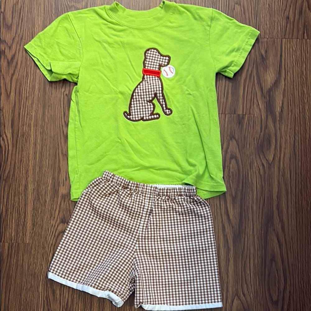 Green Dog Graphic Tee and Brown Gingham Shorts Set